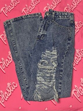 EUC SHEIN Baggy Mom Denim Washed Distressed Destroyed Blue Jeans Bottoms Pants